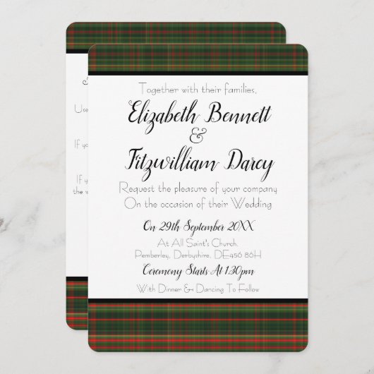深緑色及び赤いタータンチェック/格子縞の結婚式招待状 招待状 (正面/裏面)