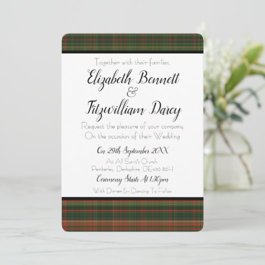 深緑色及び赤いタータンチェック/格子縞の結婚式招待状 招待状 (スタンド正面)