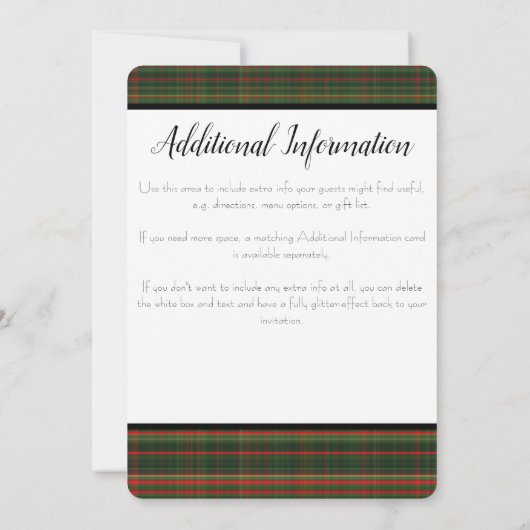 深緑色及び赤いタータンチェック/格子縞の結婚式招待状 招待状 (裏面)