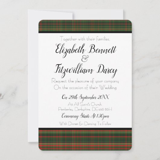 深緑色及び赤いタータンチェック/格子縞の結婚式招待状 招待状 (正面)