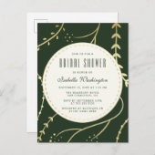 深緑色及び金ゴールドの群葉のブライダルシャワー インビテーションポストカード (正面/裏面)