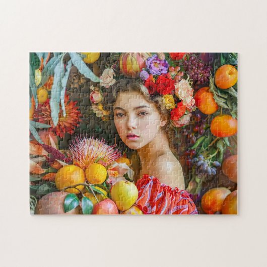 混ざった果物と花の装飾の女性 ジグソーパズル (横)