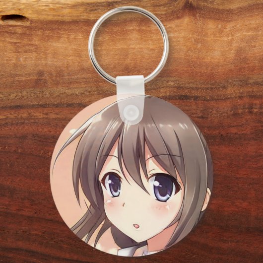 混乱したアニメの女の子の茶色の髪の青い目のマンガ キーホルダー (正面)
