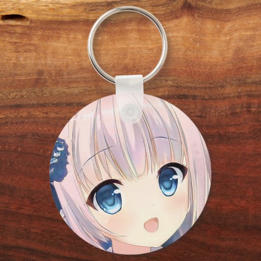 混乱したスマイルアニメの女の子ピンクの髪の海の青い目 キーホルダー (正面)