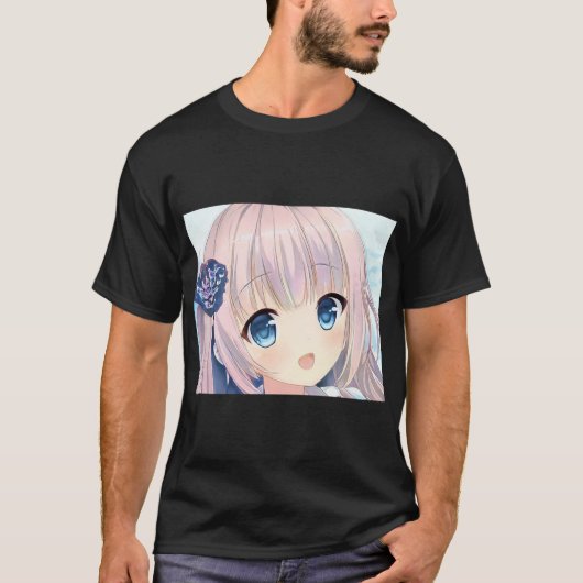混乱したスマイルアニメの女の子ピンクの髪の海の青い目 Tシャツ (正面)