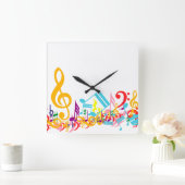 混乱カラフルした音符 スクエア壁時計 (ホーム)