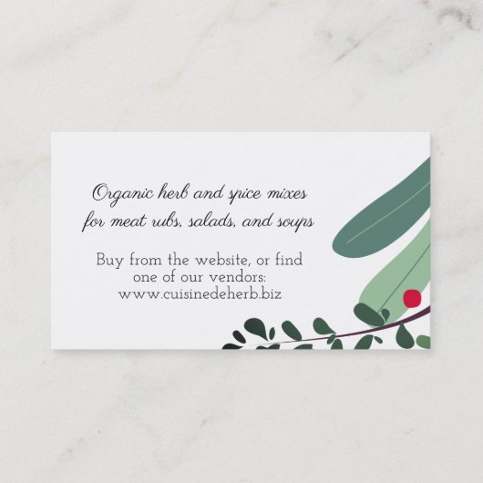 混合されたハーブのスパイスのシェフのケイタリングビジネスカード 名刺 (裏面)