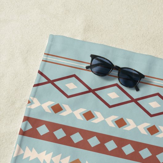 混合アステカモチーフ柄ラストクリームブルー ビーチタオル (インサイチュ)