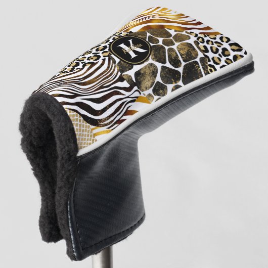 混合アニマルプリントはっきりしたと金ゴールドアクセントパター ゴルフヘッドカバー (3/4 正面)