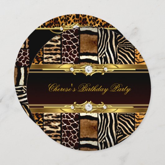 混合アニマルプリント誕生日パーティー金ゴールドブラック2 招待状 (正面/裏面)