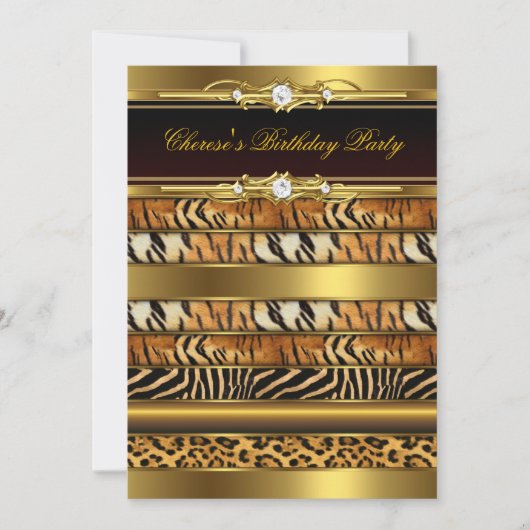 混合アニマルプリント誕生日パーティー金ゴールドブラック3 招待状 (正面)