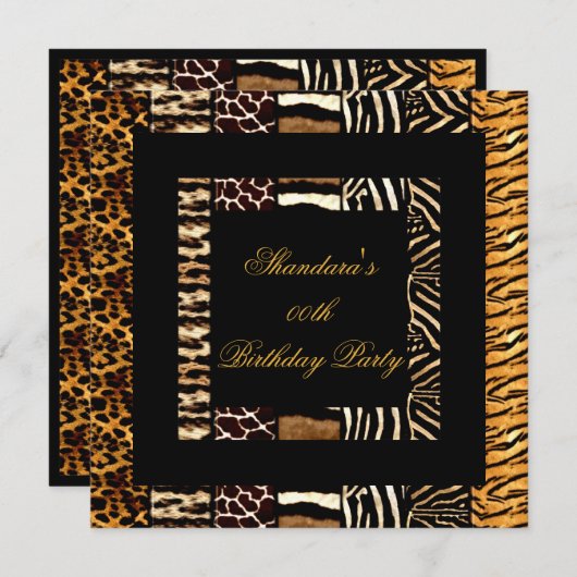 混合アニマルプリント金ゴールドブラックバースデーパーティー 招待状 (正面/裏面)