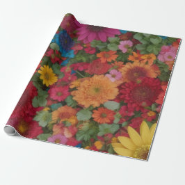 混合カラフル花 ラッピングペーパー