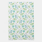 混合ティール（緑がかった色）、緑の水色の葉パターン キッチンタオル (縦)