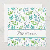 混合ティール(緑がかった色)、緑の水色の葉パターン ノートカード (正面/裏面)