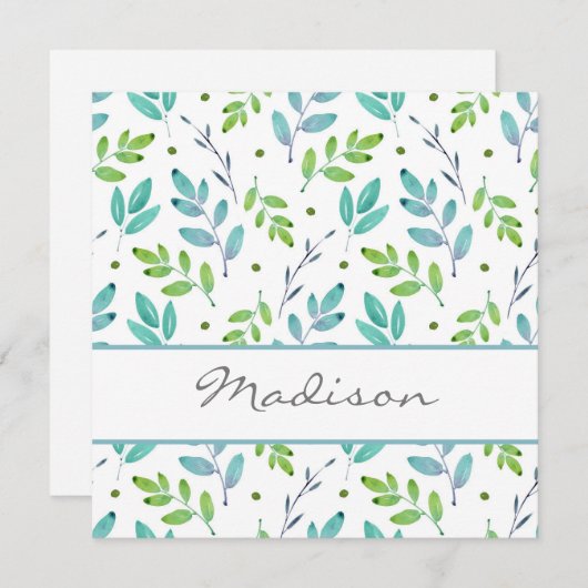 混合ティール(緑がかった色)、緑の水色の葉パターン ノートカード (正面/裏面)