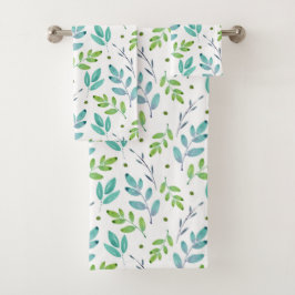 混合ティール（緑がかった色）、緑の水色の葉パターン バスタオルセット