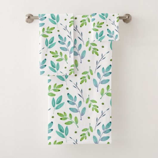 混合ティール(緑がかった色)、緑の水色の葉パターン バスタオルセット (インサイチュ)