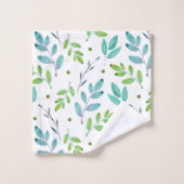 混合ティール(緑がかった色)、緑の水色の葉パターン バスタオルセット (ウォッシュタオル)