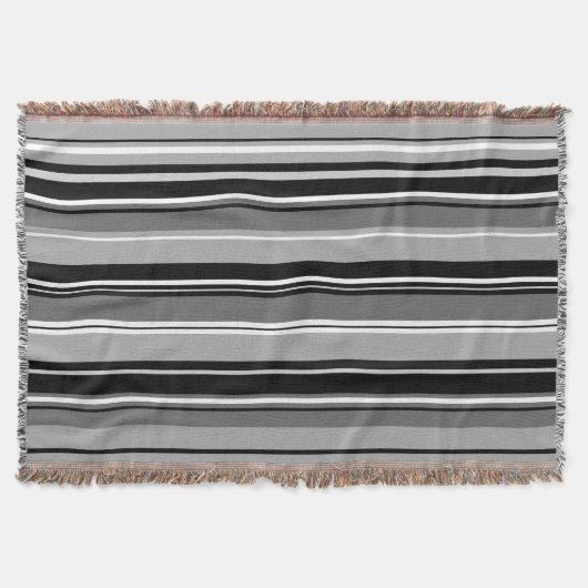 混合パターストライプのン白黒グレー スローブランケット (正面)