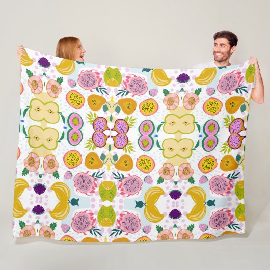 混合フルーツ柄ホワイト背景パープルピンク フリースブランケット (インサイチュ)