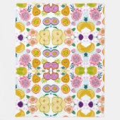 混合フルーツ柄ホワイト背景パープルピンク フリースブランケット (正面)