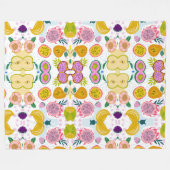 混合フルーツ柄ホワイト背景パープルピンク フリースブランケット (正面(横))