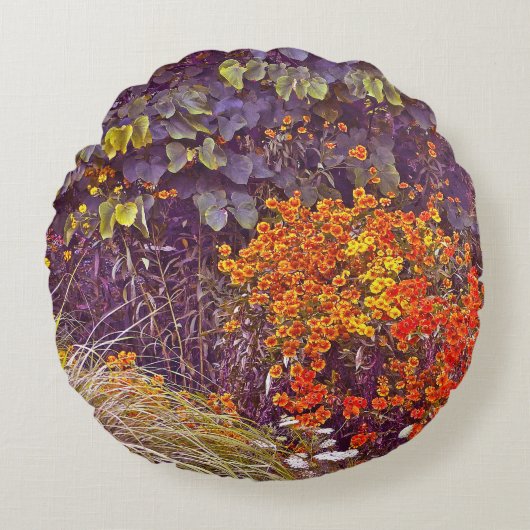 混合フローラ/植物，草とオレンジ&イエローフロロ ラウンドクッション (正面)