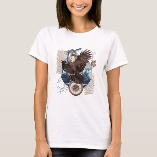 混合メディアコラージュ鳥ケルブヴィンテージ Tシャツ (正面)