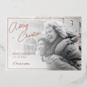 混合モダンフォントマゼンタバラ金ゴールド保存日 箔招待状 (正面)