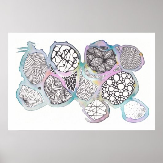 混合媒体、白黒、ドードル、水色 ポスター (正面)