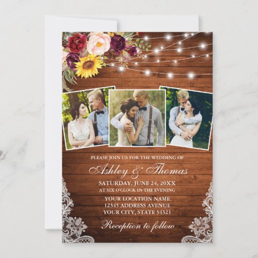 混合素朴フローラライトレース3フォト結婚ズ 招待状 (正面)