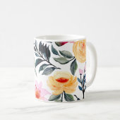 混合花と葉の手描きのプリント コーヒーマグカップ (正面右)