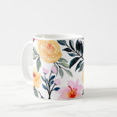 混合花と葉の手描きのプリント コーヒーマグカップ (正面左)