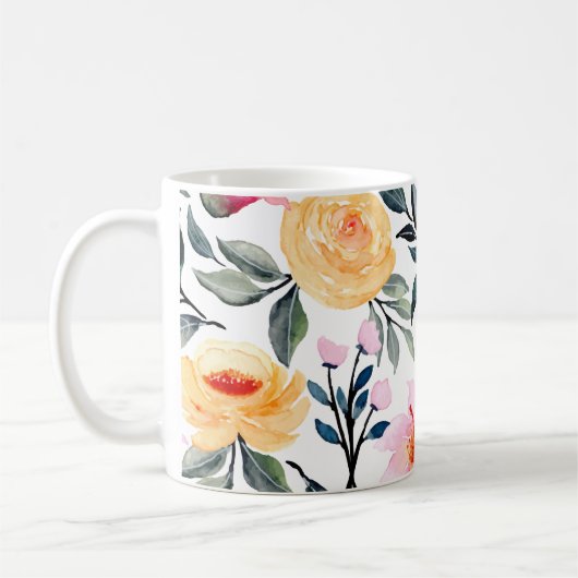 混合花と葉の手描きのプリント コーヒーマグカップ (左)