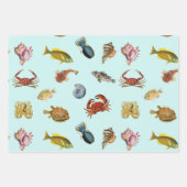 混成海洋生物の魚，貝殻，カニ，クラゲ ラッピングペーパーシート (正面)