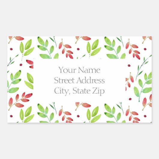 混色の赤、緑の水色の葉パターンラベル 長方形シール (正面)