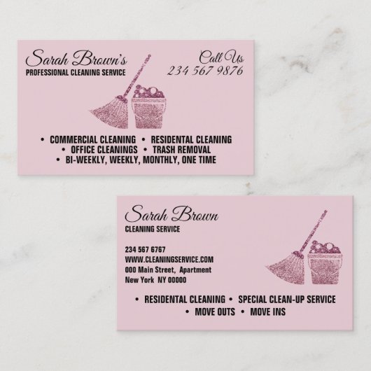 清掃エレガントメイド清掃ピンクきらめく色 名刺 (正面/裏面)