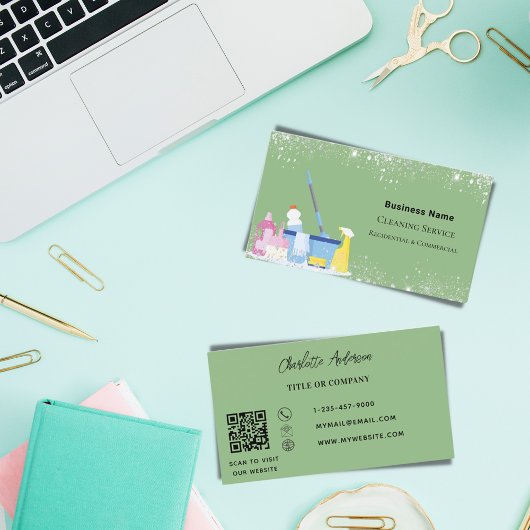 清掃サービスのセージ緑色の銀ダストQRコード 名刺