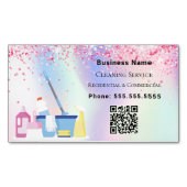 清掃サービスのピンクホログラフィックQRコード マグネット名刺 (正面)