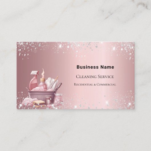 清掃サービスほこりっぽいピンクシルバー輝くQRコード 名刺 (正面)