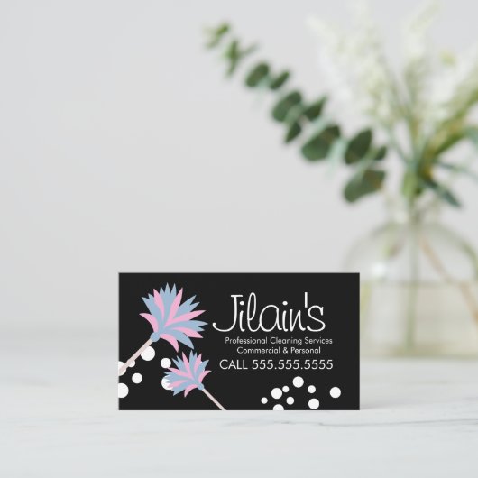 清掃サービスダスターピンクの名刺 名刺 (スタンド正面)