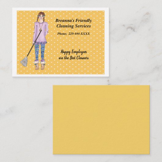 清掃サービス水玉模様ガールとモップ 名刺 (正面/裏面)