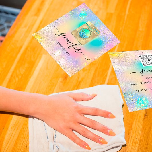 清掃サービス洗濯QRコドロゴホログラフ スクエア名刺