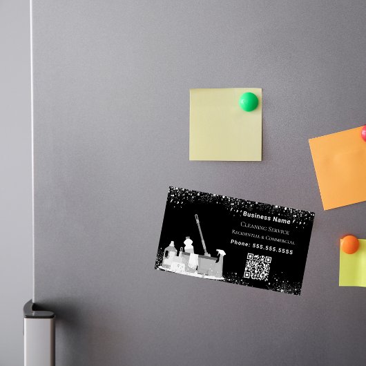 清掃サービス黒銀グリッターダストQRコード マグネット名刺