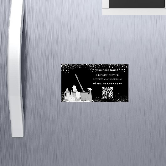 清掃サービス黒銀グリッターダストQRコード マグネット名刺