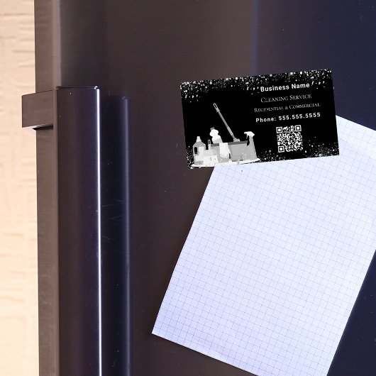 清掃サービス黒銀グリッターダストQRコード マグネット名刺