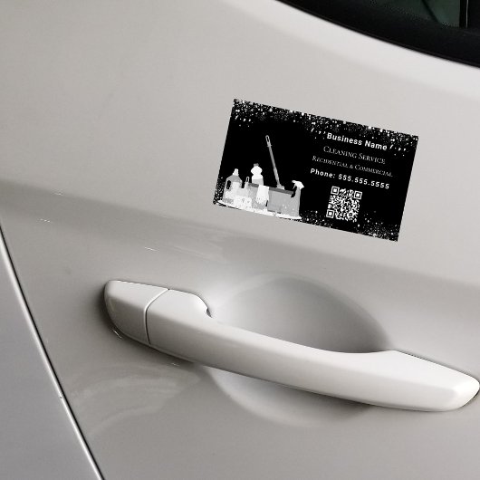 清掃サービス黒銀グリッターダストQRコード マグネット名刺
