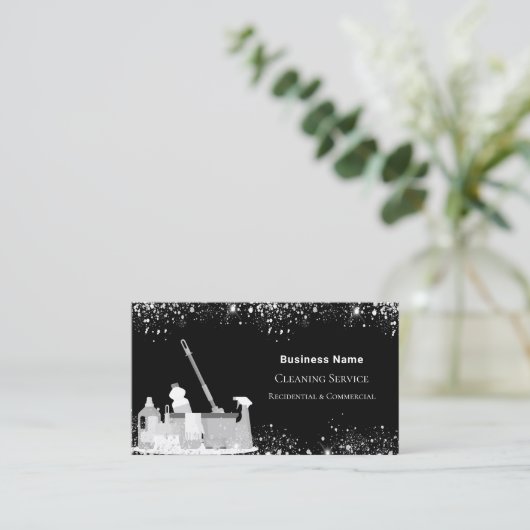 清掃サービス黒銀グリッターダストQRコード 名刺 (スタンド正面)