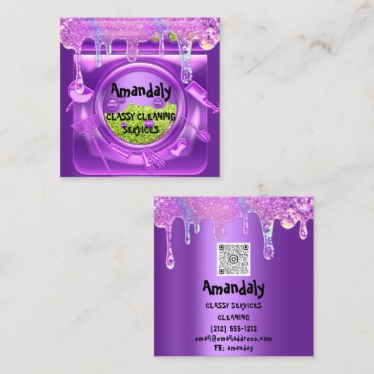 清掃サービスQRCode洗濯乾燥機ソープパープル スクエア名刺 (正面/裏面)